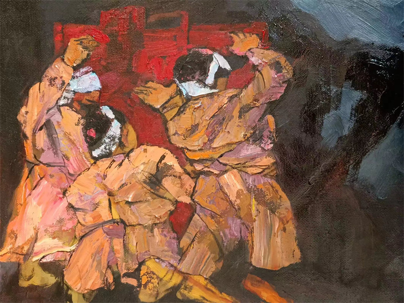 搭建新寨／榫卯  油画 38X30 Cm 谭冬生_副本.jpg