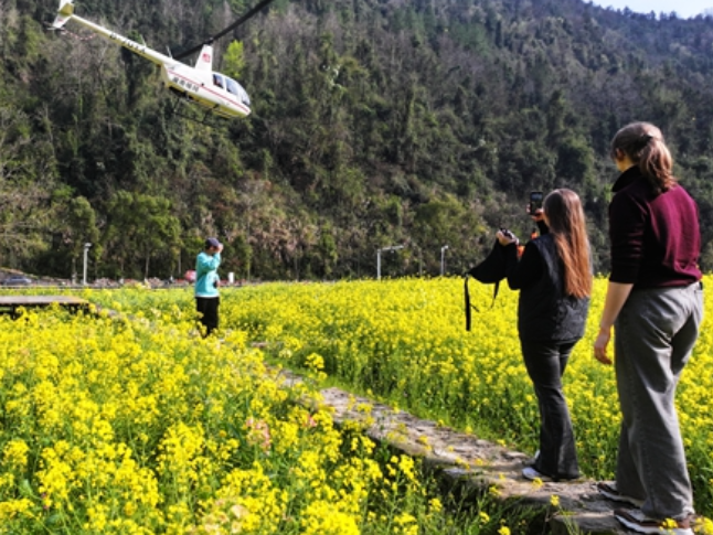 张家界黄龙洞景区：直升机游受青睐 三月春光醉四海