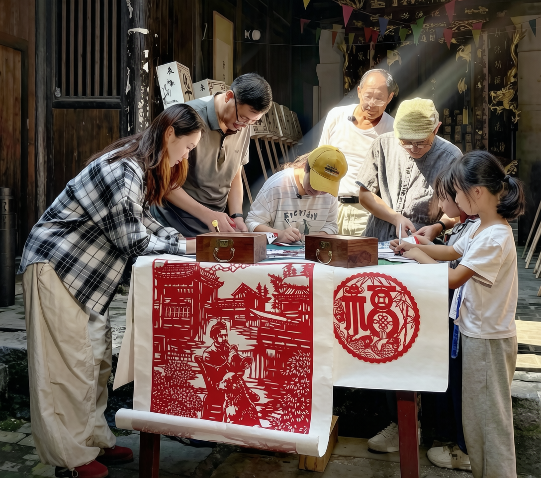 近日,在常宁市罗桥镇下冲村新屋袁家古民居,一场常宁字灯非遗传承暨剪纸体验活动火热开展。非遗文化爱好者现场授课,带领市民、孩童体验字灯制作与剪纸技艺,让乡土民俗文化活起来、传下去。(摄影:陈金圆)