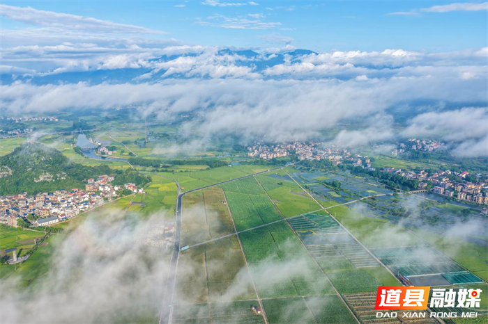 2026年7月10日，湖南省永州市道县清塘镇一带，错落村庄、连片农田与连绵群山在缥缈云雾间相映相融，勾勒出一幅秀美的乡村田园画卷。蒋克青