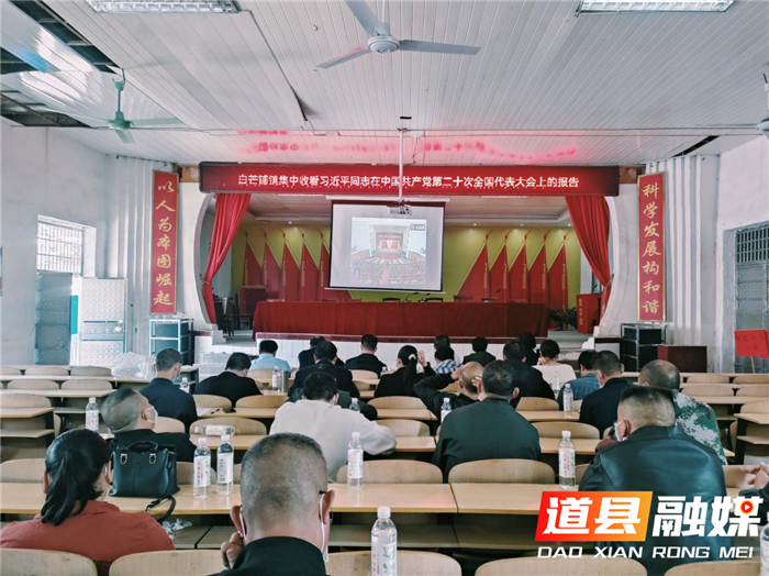 道县白芒铺镇组织全体工作人员集中观看党的二十大开幕盛况。（通讯员：刘春林 何权）