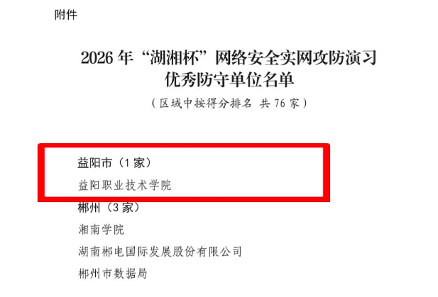 益阳职院获评2026年“湖湘杯”优秀防守单位