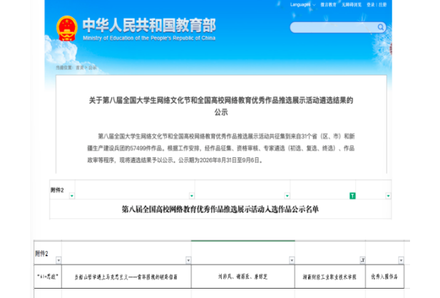 湖南财工职院在第八届全国大学生网络文化节和全国高校网络教育优秀作品推选展示活动中获佳绩