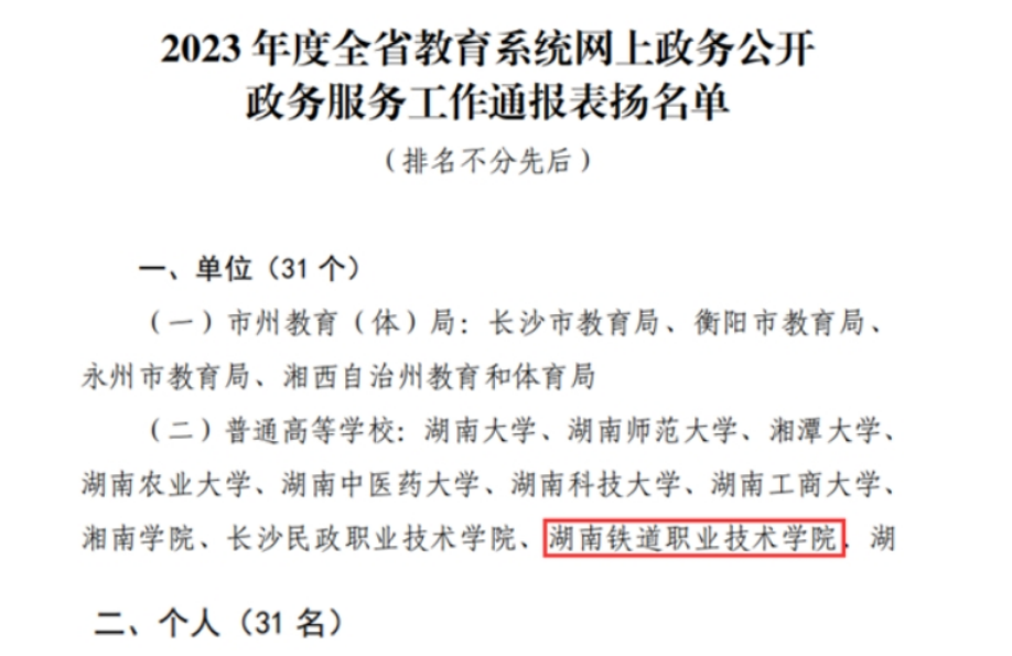 湖南铁道职院：网上政务公开政务服务工作获全省通报表扬