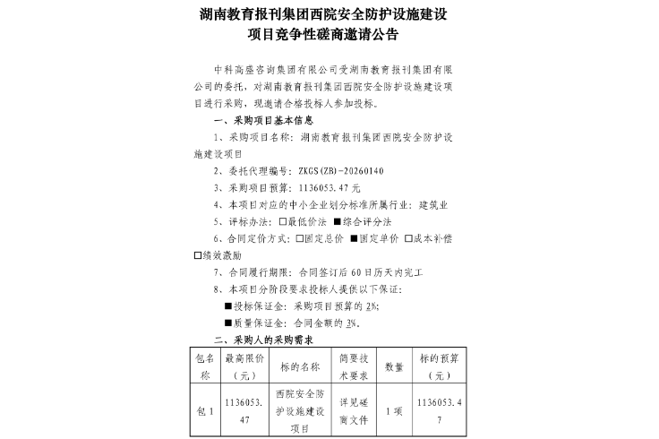 湖南教育报刊集团西院安全防护设施建设项目竞争性磋商邀请公告