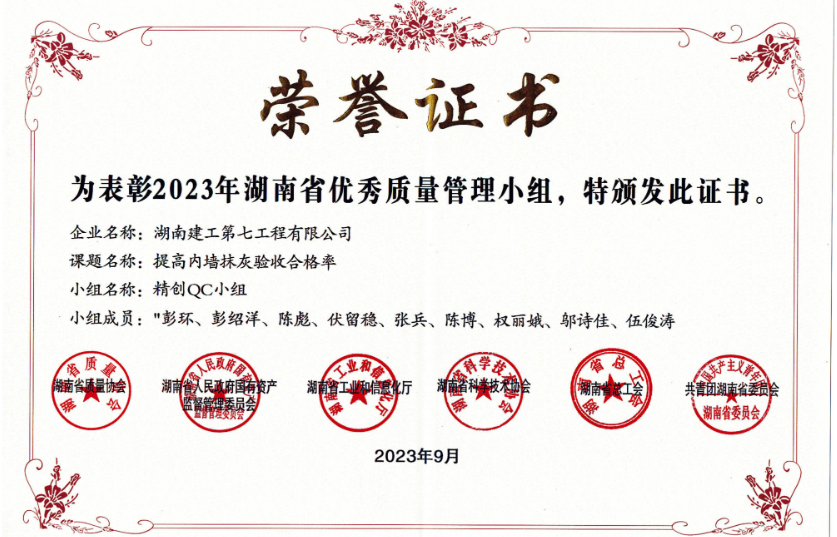 2023年湖南省优秀质量管理荣誉