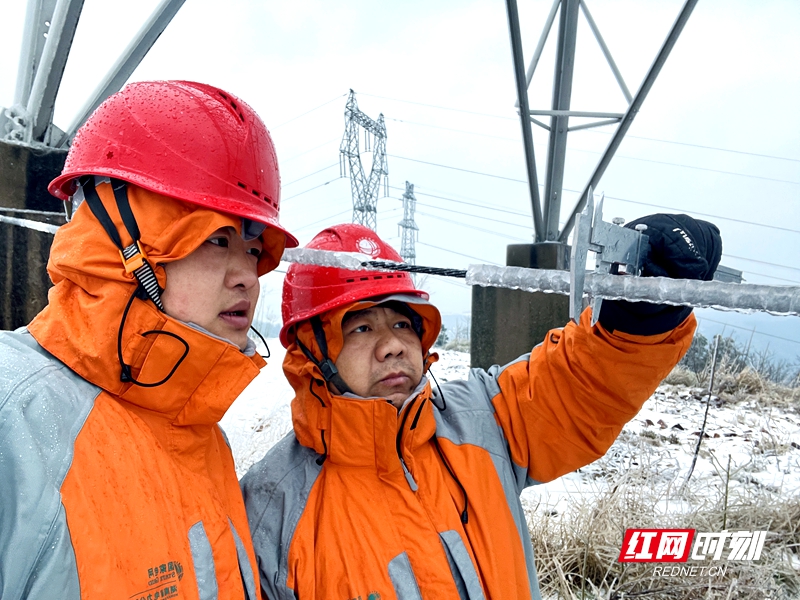2月4日，国网常德供电公司东方红（电骡子）共产党员服务队在高寒山区10千伏线下开展覆冰巡视。（张福清）