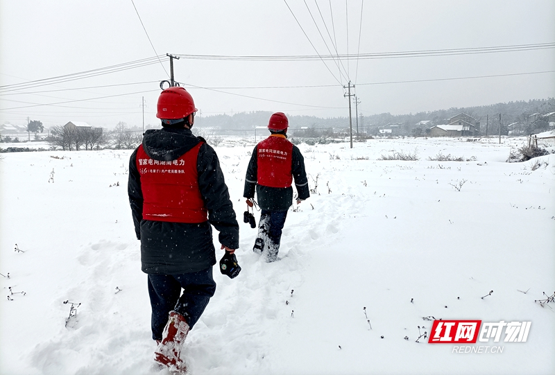 2月4日，国网常德供电公司东方红（电骡子）共产党员服务队在高寒山区10千伏线下开展覆冰巡视。（张福清）
