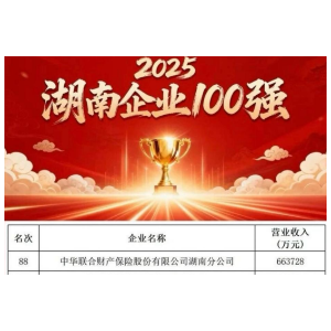 中华财险湖南分公司再登“湖南企业100强”榜单