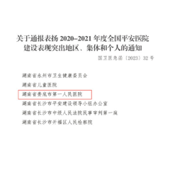 娄底市第一人民医院荣获全国平安医院建设表现突出集体