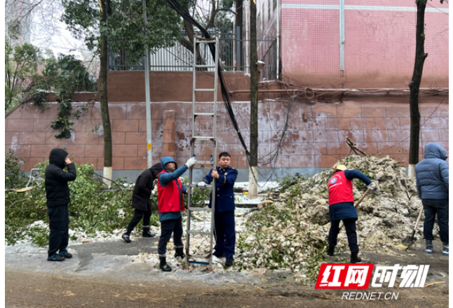 大雪致通信线缆脱落阻碍交通 消防员举梯撑起