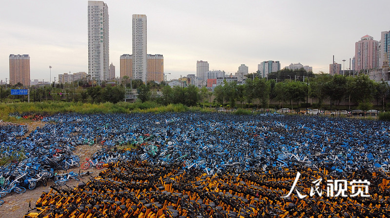 2020年8月13日，黑龙江省哈尔滨市，在市区的一处空地，成为共享单车坟场，堆满美团、哈啰等品牌的共享单车，密密麻麻近万辆。据悉，这些车辆因为违规占道，被城管统一运到这里。