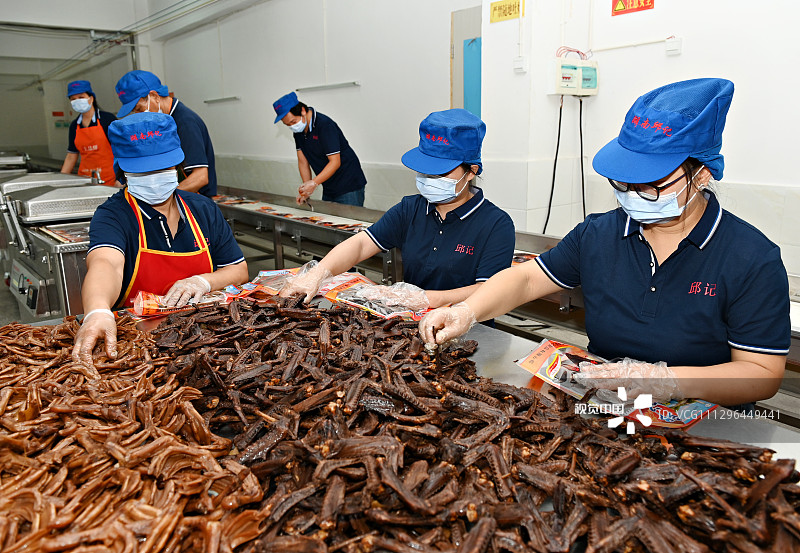 2020年8月25日，湖南省邵阳市洞口县经开区邱记食品有限公司生产车间，员工在加工制作卤食品。近年，该县充分利用当地农副产品资源丰富优势，大力发展柑橘、茶油、茶叶、大豆、乳猪等农副产品深加工，让农副产品资源不断升值，带动了4.7万余人就业，提升了农副产品附加值，增加了农民收入。目前，全县已有以农副产品加工为主的规模企业176家。