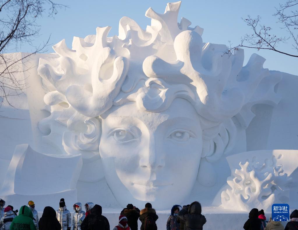 12月24日，在太阳岛雪博会园区，游客在雪雕前游览。新华社记者 王建威 摄