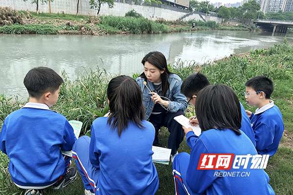 6万境小学科学老师黄笑带领学生进行圭塘河城市海绵公园的水质采样调查.jpg