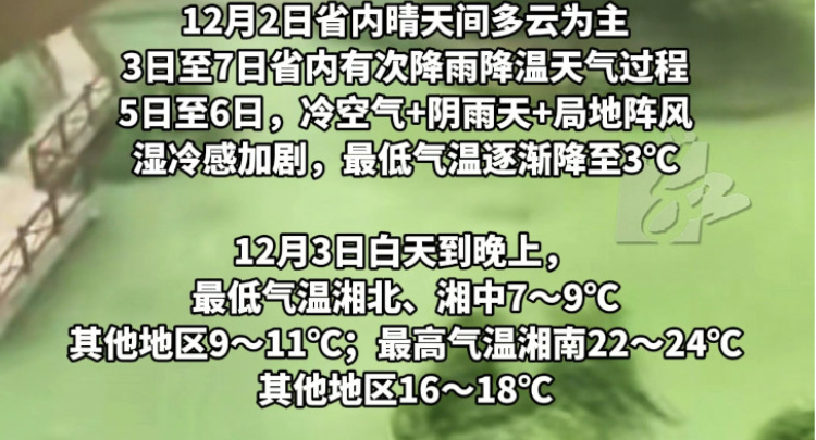 冷空气＋阴雨天＋阵风 湖南湿冷天气即将上线 最低气温逐渐降至3℃