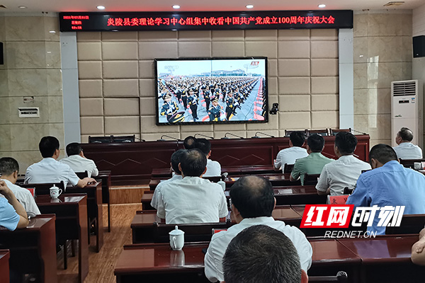 炎陵县委理论学习中心组集中观看庆祝中国共产党成立100周年大会。（记者 龙琦）.jpg