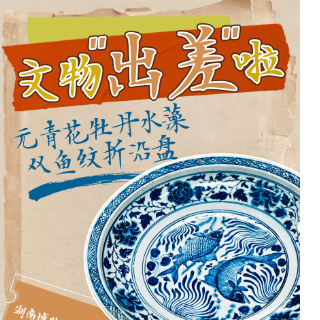 文物出差啦①丨元青花牡丹水藻双鱼纹折沿盘来岳阳了！这波颜值拉满