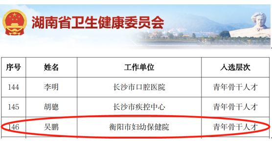 衡阳市妇幼保健院1人入选湖南省“青年骨干人才”