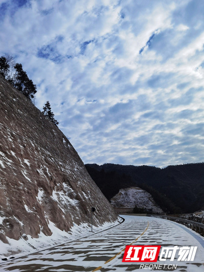 1月8日早上，湖南省新田县北部高海拔山区普降小雪，公路、房屋都覆盖了一层白白的雪花，与山上的绿树一起勾勒出一幅美妙的冬景图。（蒋军君）