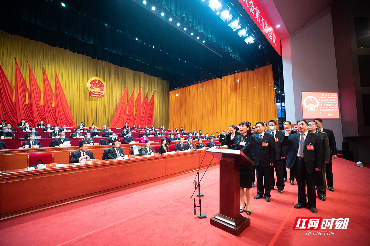 新当选的益阳市六届人大常委会副主任、秘书长、委员进行宪法宣誓。