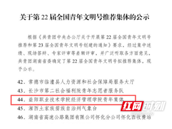 益阳职院这个集体入选第22届全国青年文明号推荐名单