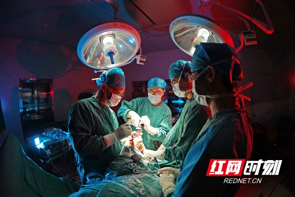 《刀光医影》作者：湖南省直中医医院 杨俊夫
　　湖南省直中医医院骨关节科为病人置换人工膝关节。