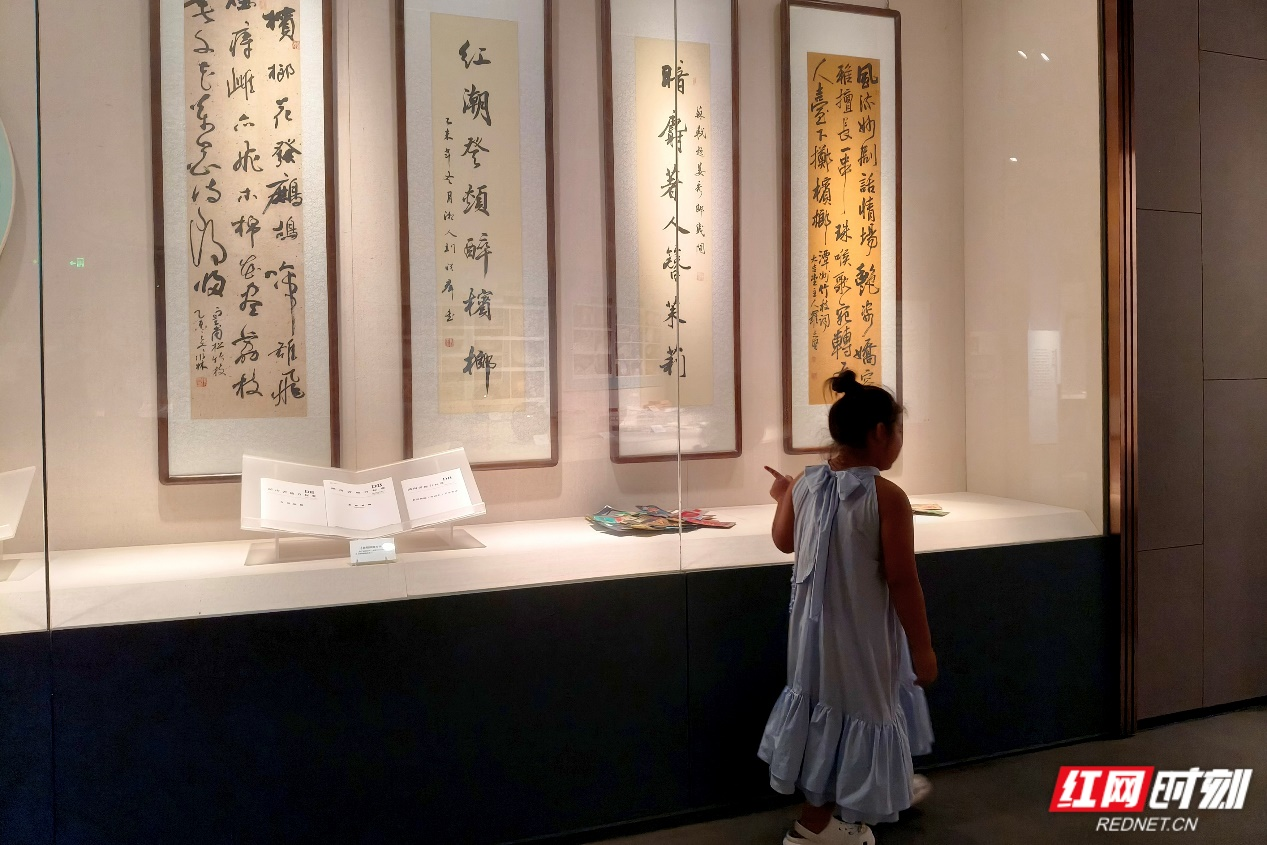 市博物馆里，小朋友对书法作品格外好奇。.png