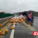 雨天侧翻，车上饲料变“泥浆” 岳阳高速快速处置