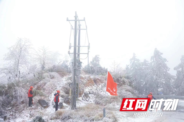 12月1日，国网岳阳县供电公司毛田供电所东方红（电骆驼）共产党员服务队在大云山国家森林公园，针对易覆冰重点线路开展特巡，并使用监测装置查看电网设备及线路覆冰情况。