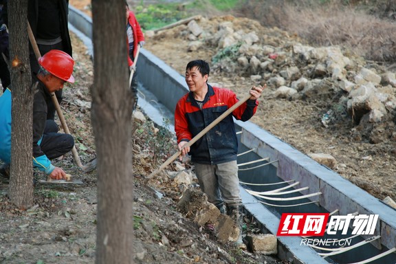 耒阳市龙塘镇龙塘村高标准农田建设现场，工人们正如火如荼地进行排水灌溉渠道施工。