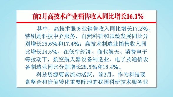 前2月高技术产业销售收入同比增长16.1%
