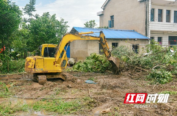 挖机正在清理沙头镇刘家湾险点附近杂草