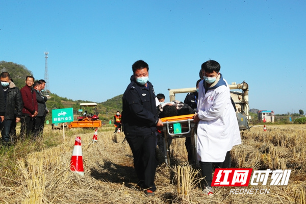 11月10日，湖南省永州市新田县石羊镇武当山庄，医护、农机、公安人员在进行农机意外事故紧急救援演练。