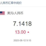 8月12日人民币对美元中间价报7.1418元 下调13个基点