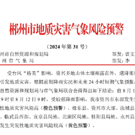 郴州市地质灾害气象风险预警（2024年第31号）