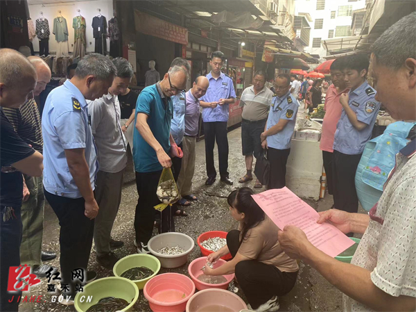 图为工作人员向摊主发放宣传单并收缴售卖的国家二级保护动物虎纹蛙.jpg