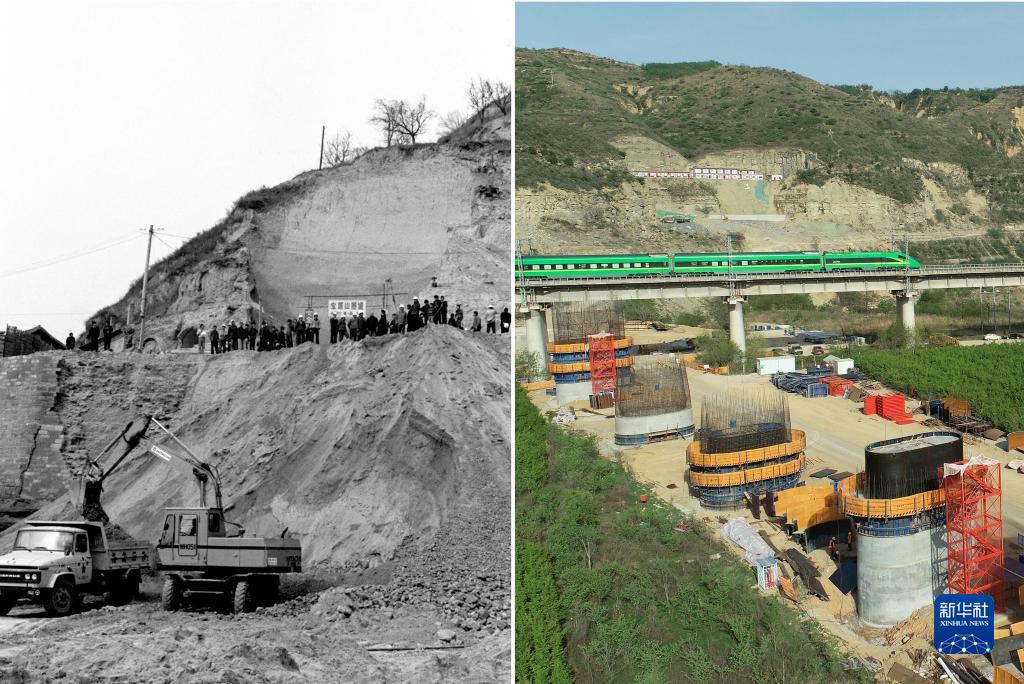 拼版照片：左图为1991年3月30日，通往陕西延安的第一条铁路——西（安）延（安）铁路建设工程紧张进行（新华社记者张喆锋摄）；右图是2022年4月25日，施工人员在位于延安市洛川县的西延高铁工地作业，不远处一辆列车行驶在西延铁路上（无人机照片，新华社记者张博文摄）。