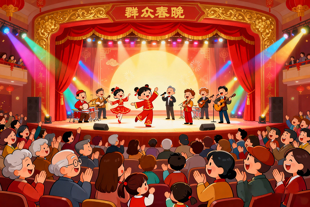 jimeng-2026-01-09-9054-卡通动画风格,群众春晚演出场景。画面中央是一个明亮的舞台,舞台上有多个卡通人物正....png jimeng-2026-01-09-9054-卡通动画风格,群众春晚演出场景。画面中央是一个明亮的舞台,舞台上有多个卡通人物正....png