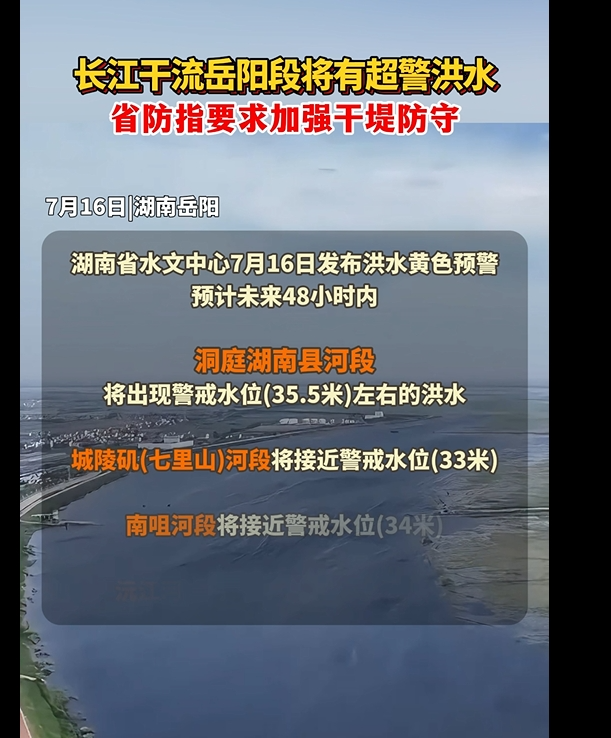 不松劲 战到底|长江干流岳阳段将有超警洪水 省防指要求加强干堤防守