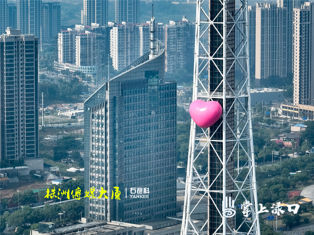 【图：石彦科】
近日，株洲炎帝广场出现一颗超大爱心，粉粉的爱心悬挂在神农塔上，开启吸睛模式，引来不少市民打卡。