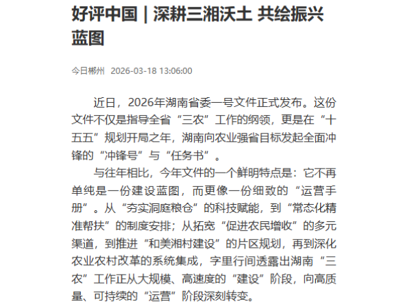 好评中国 | 深耕三湘沃土 共绘振兴蓝图
