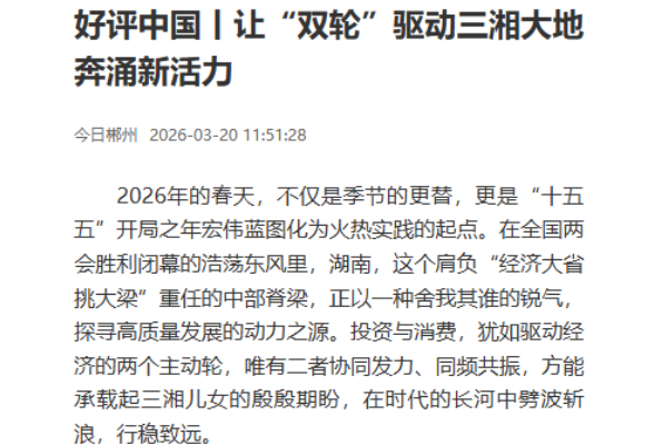 好评中国丨让“双轮”驱动三湘大地奔涌新活力