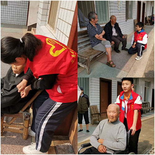 同学们协助敬老院开展卫生清扫和垃圾清理义务劳动,推着行动不便的