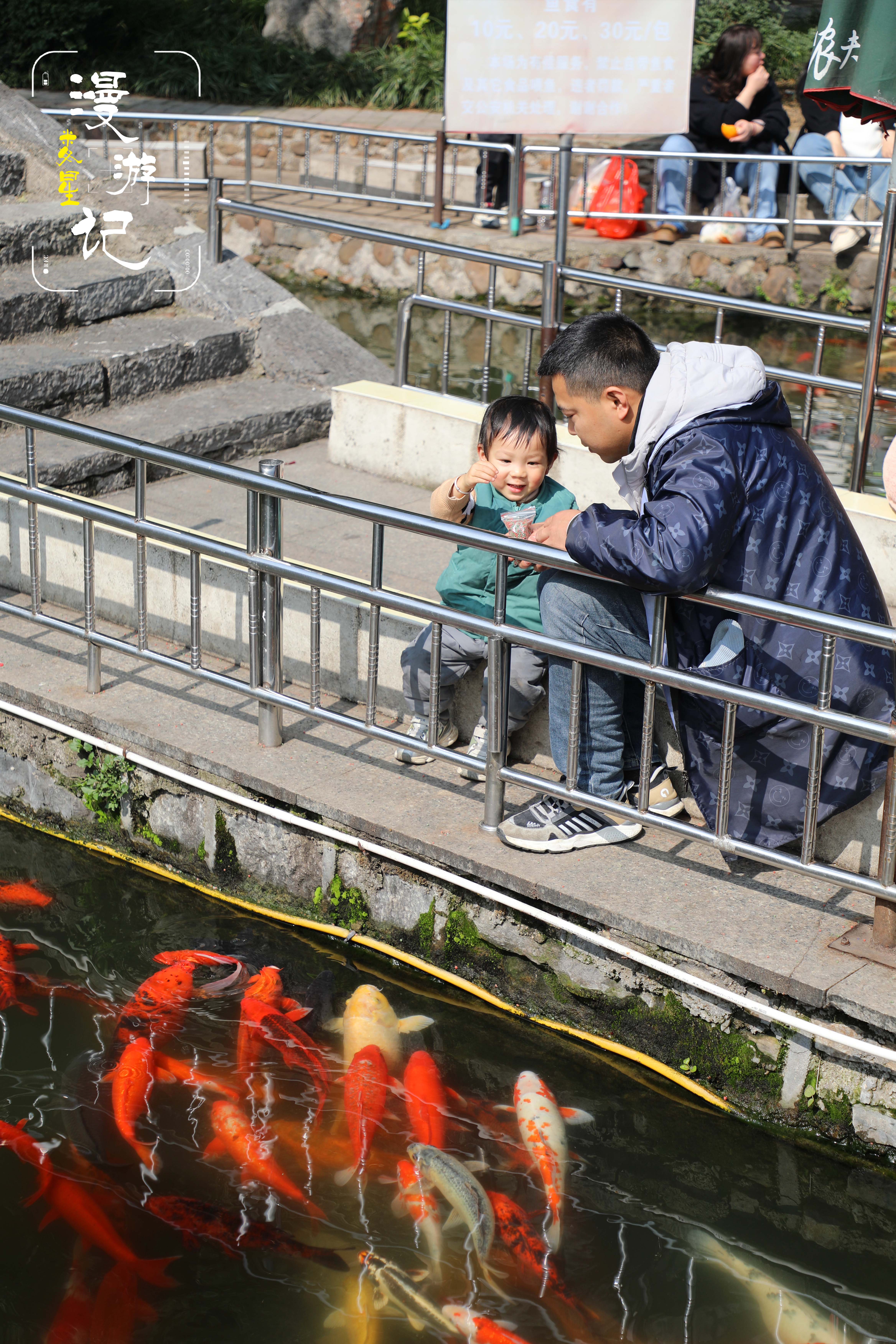 湖畔岸边，是孩童的欢乐天地。孩子们俯身投喂金鱼，群鱼嬉戏穿梭，清脆的欢声笑语萦绕湖畔。