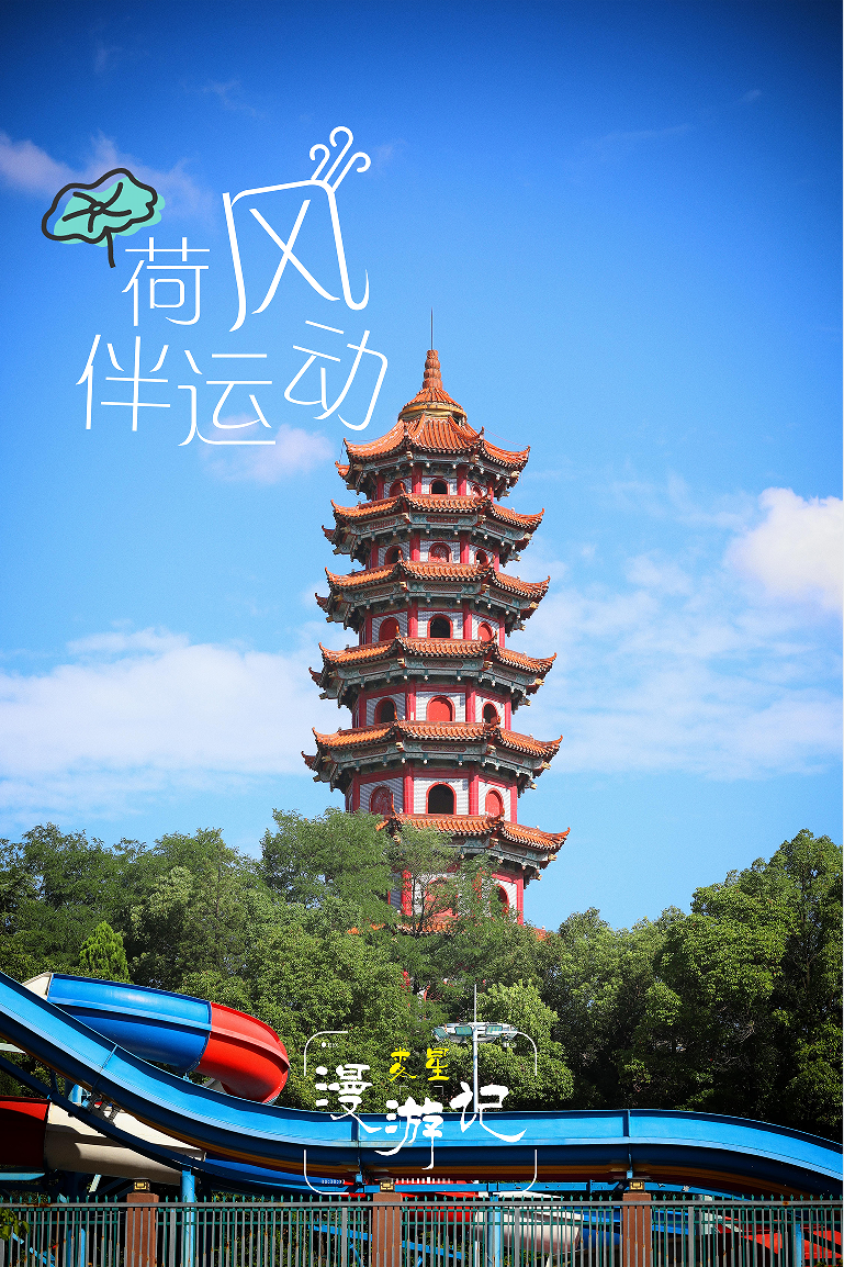 青山塔矗立园中，是公园标志性地标。拾级而上、登高望远，可俯瞰满园荷色绿意与娄星城区全景。