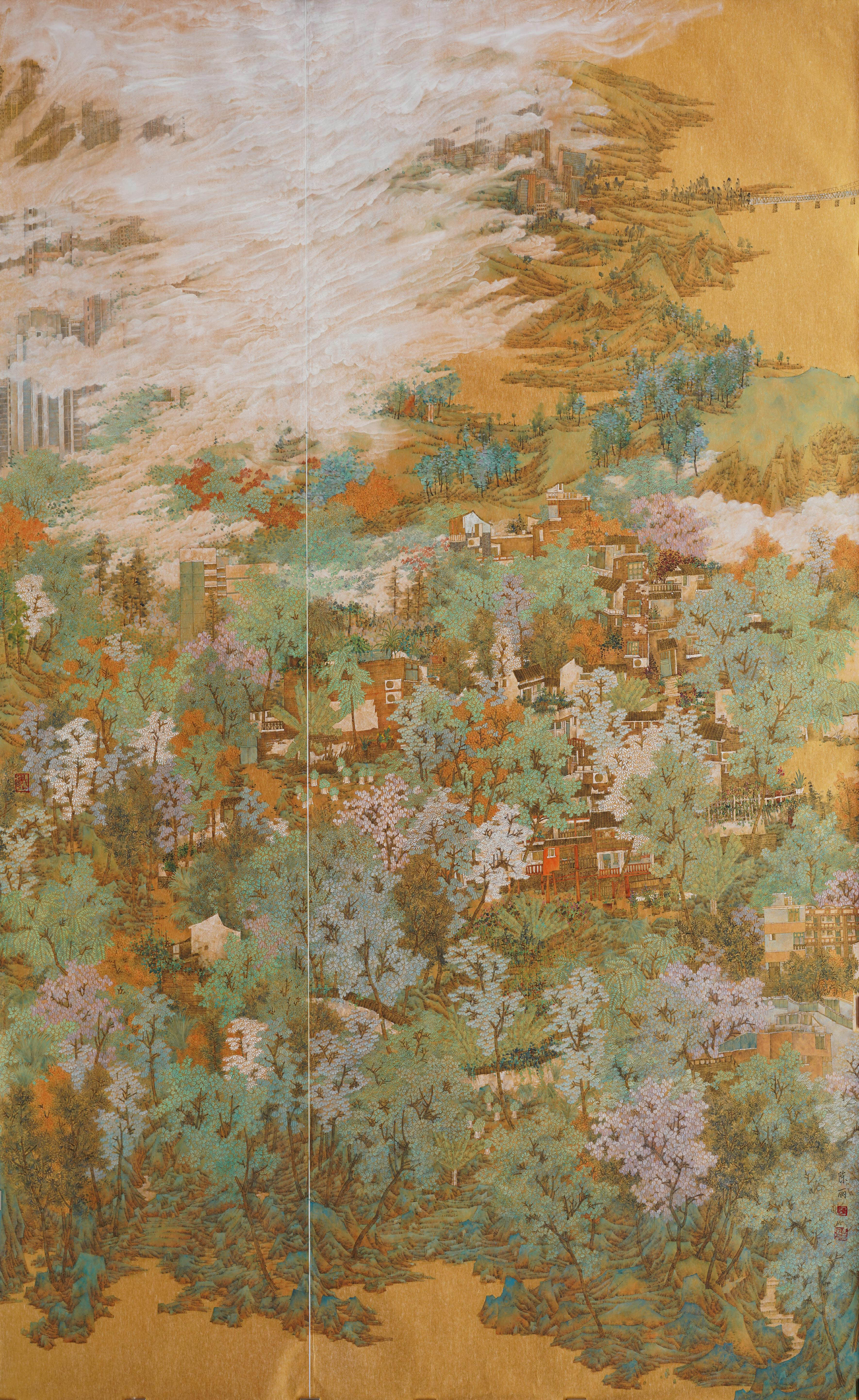 盛世山林乐(十三届全国美展入选)210x130、金潜纸、2019年、.JPG